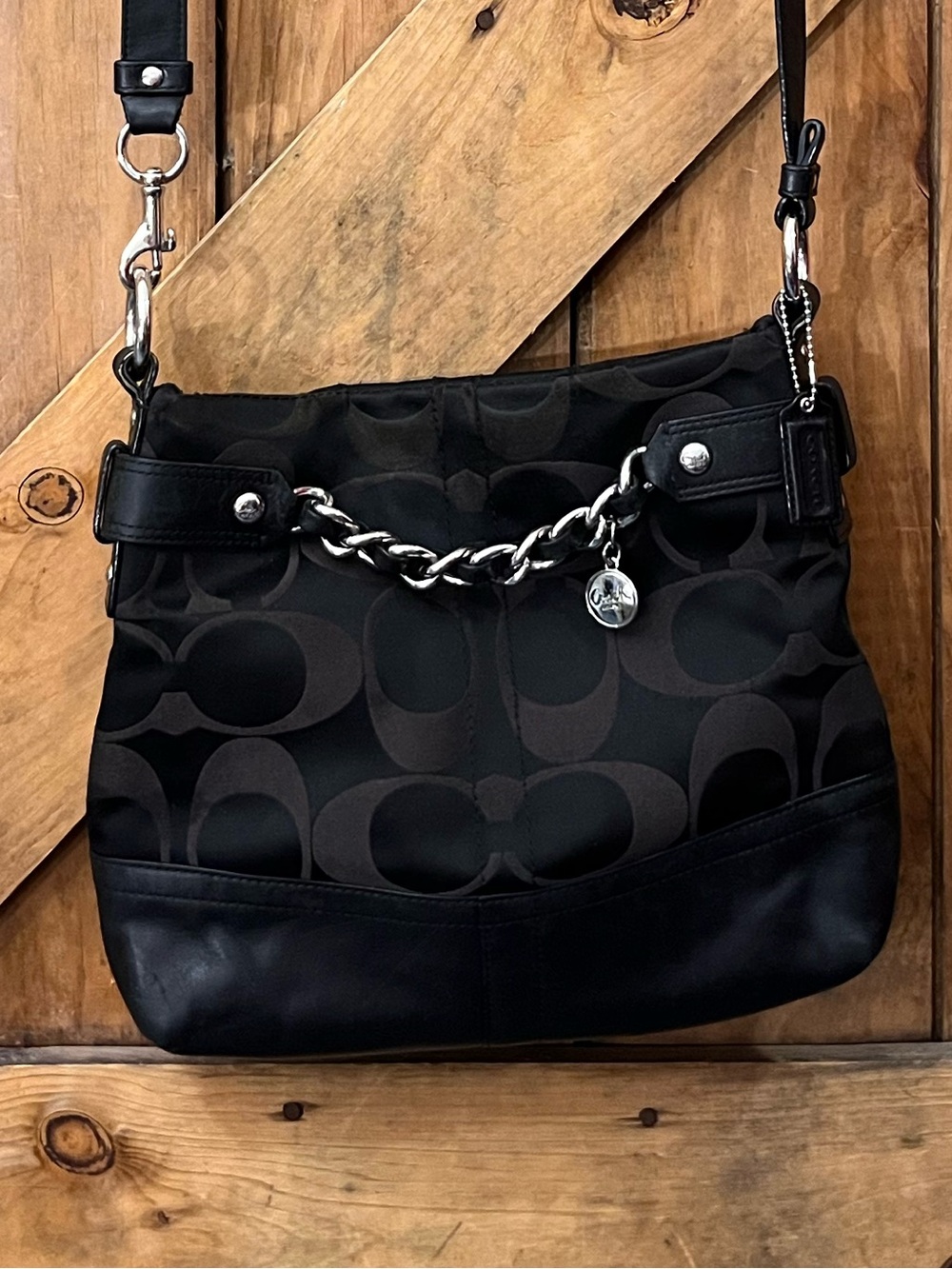 Coach 61149 Black Signature Jacquard Chain Crossbody Shoulder Bag